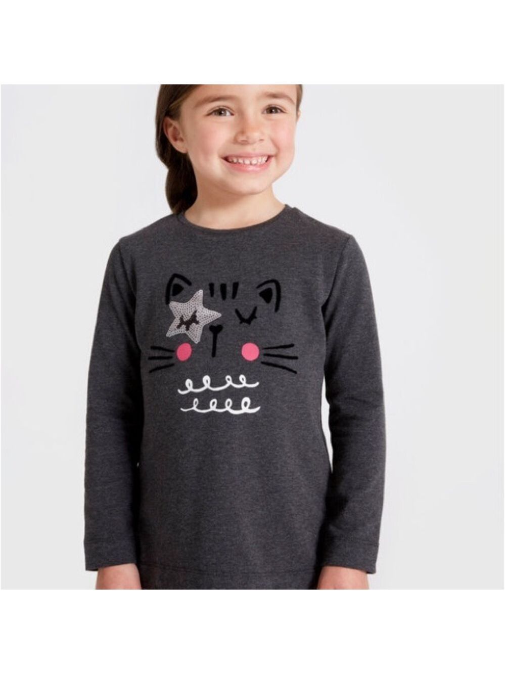 Size 8 Girls Mayoral Dark Gray Cat Graphic Long Sleeve Tee